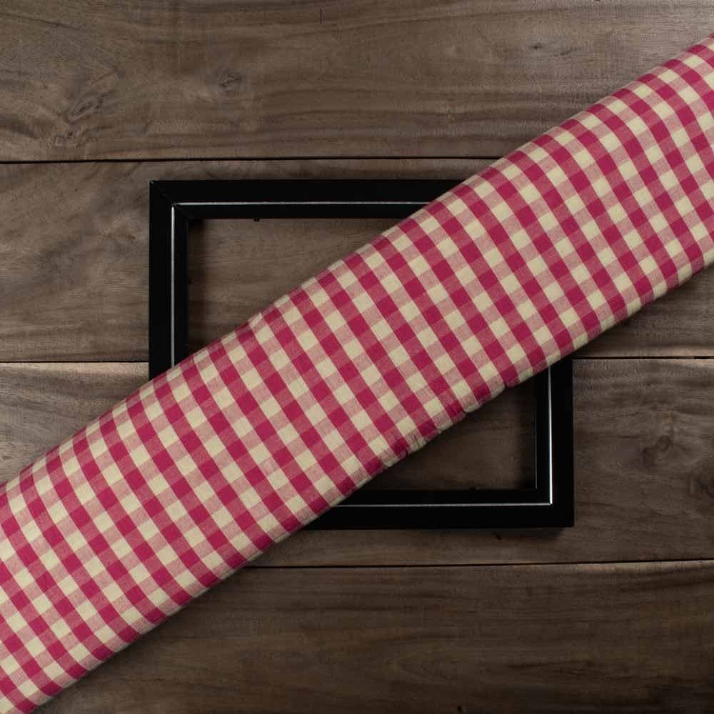 Check Light Yellow & Rani Pink 94 GSM Pure Cotton Handwoven Fabric