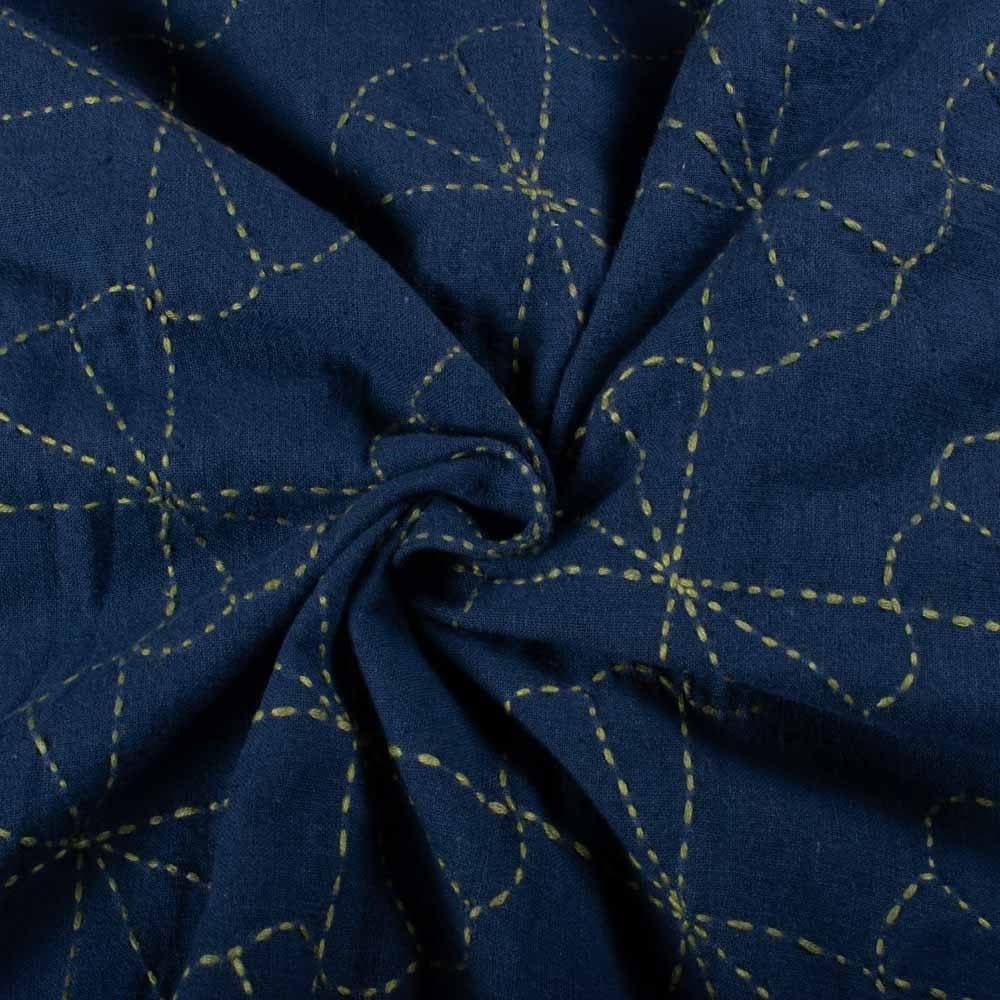 Blue & Yellow Fan Bloom Khadi 160 GSM Kantha Fabric