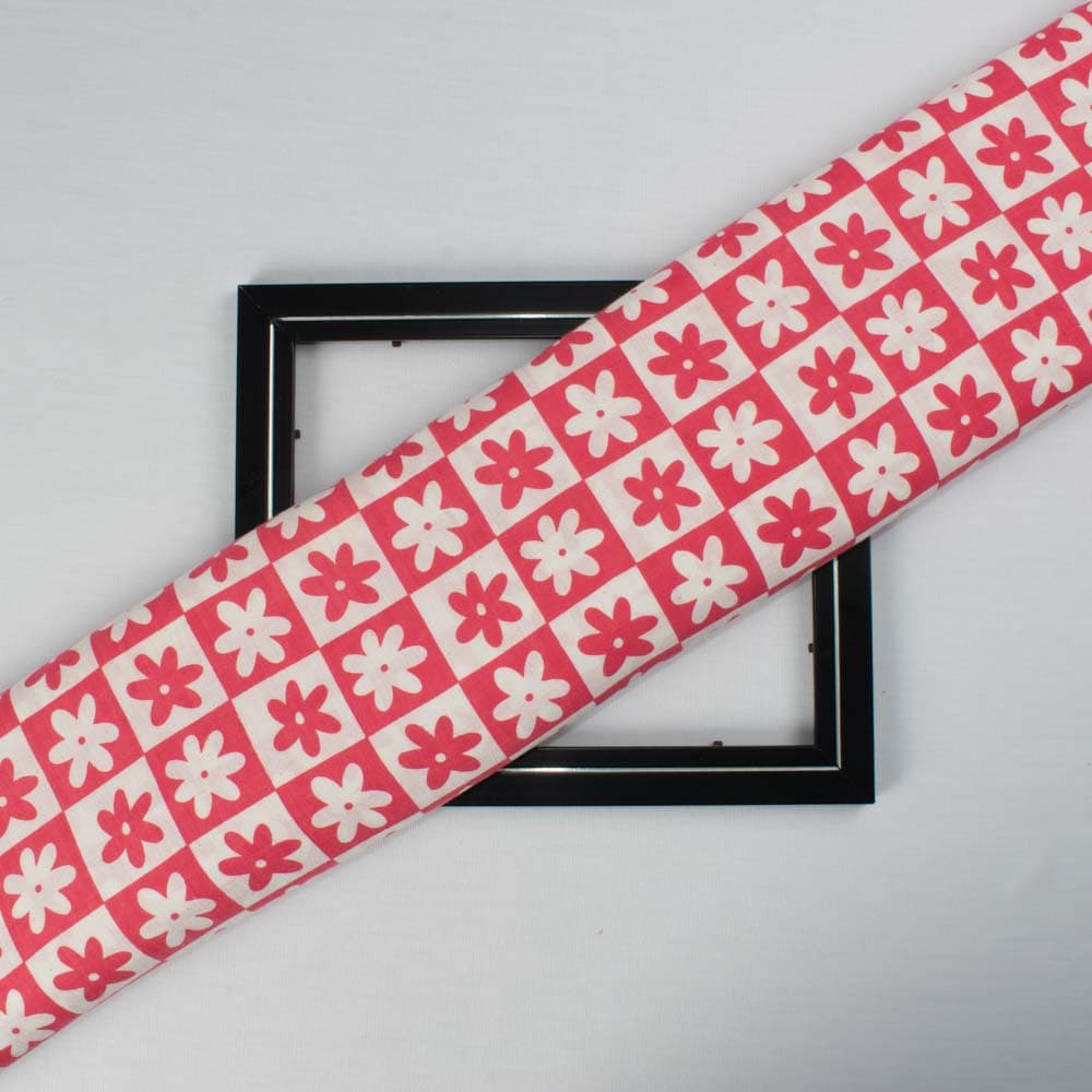 Floral Red White Screenprinted Pure Khadi 90 GSM Handwoven Fabric