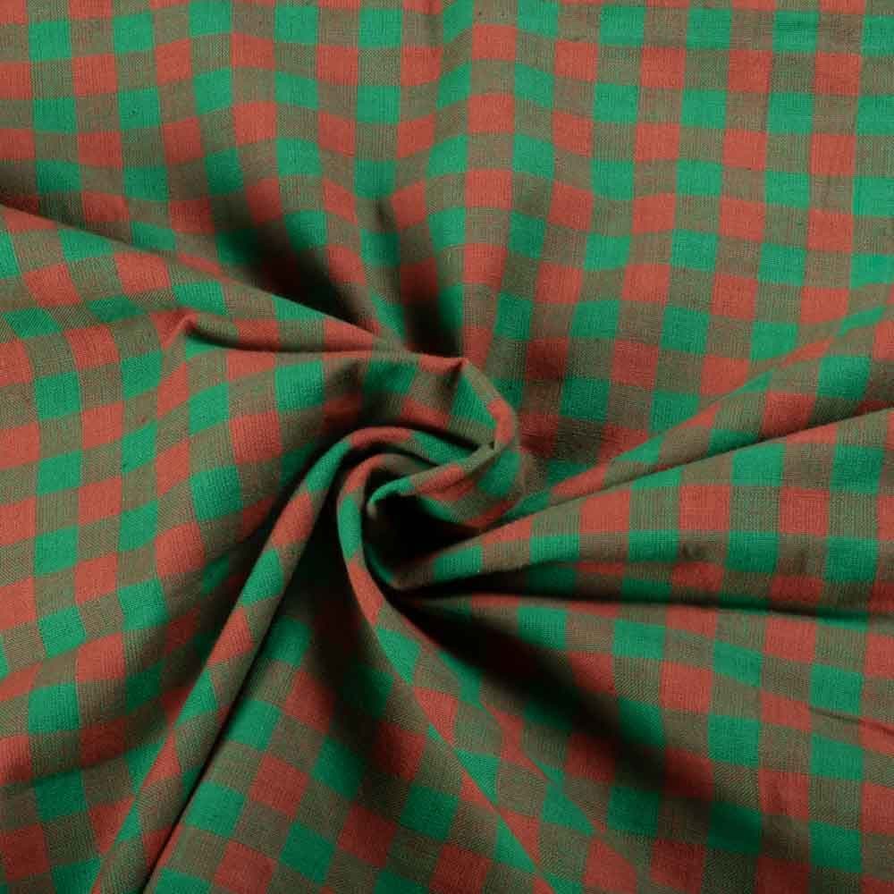 Check Green & Rust Color 110 GSM Pure Cotton Handwoven Fabric