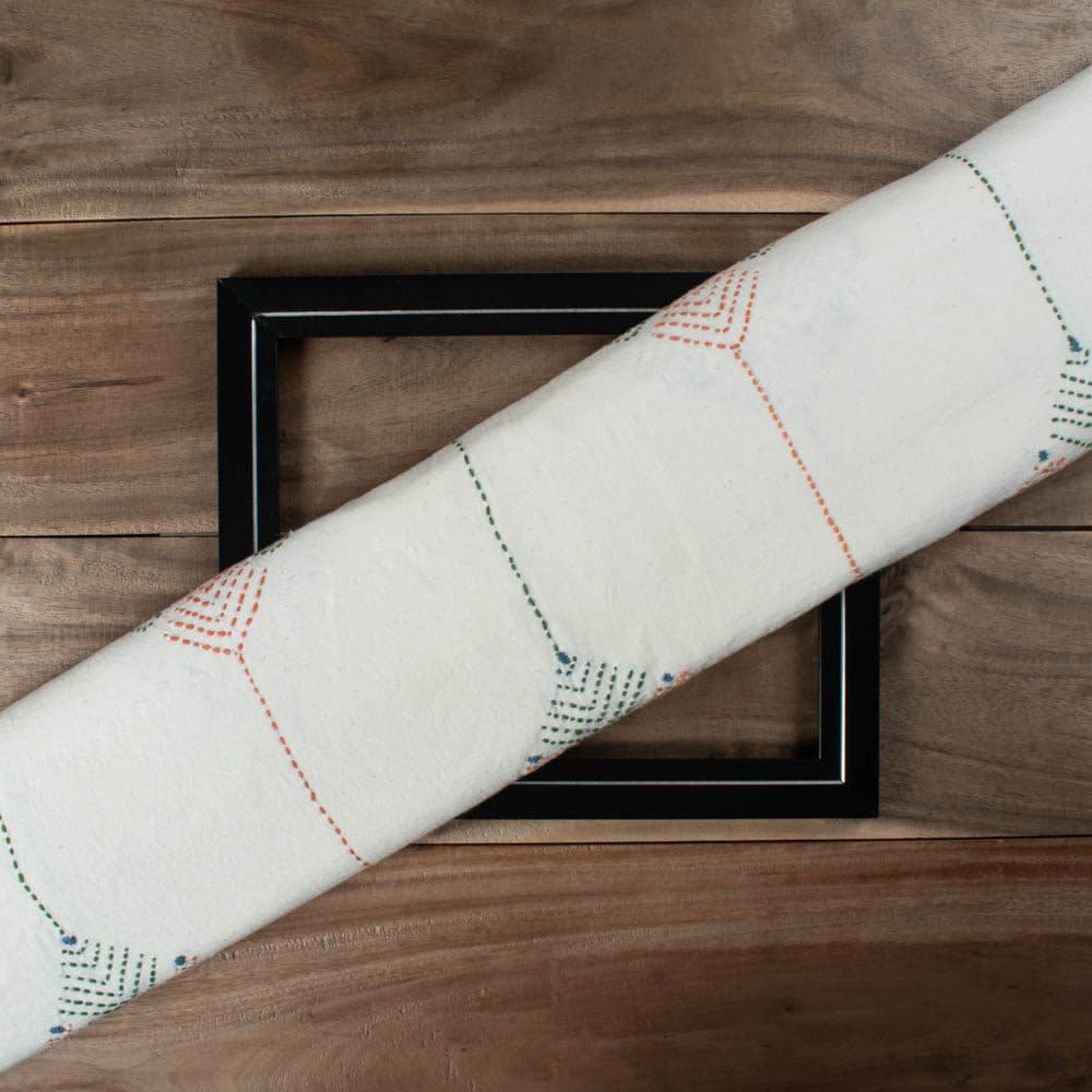 Off White Khadi Cotton Floating Diamond Trail 150 GSM Handwoven Kantha Fabric