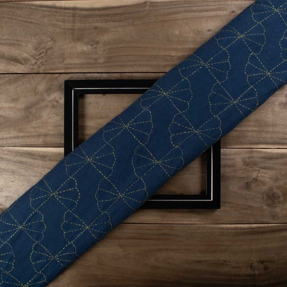 Blue & Yellow Fan Bloom Khadi 160 GSM Kantha Fabric
