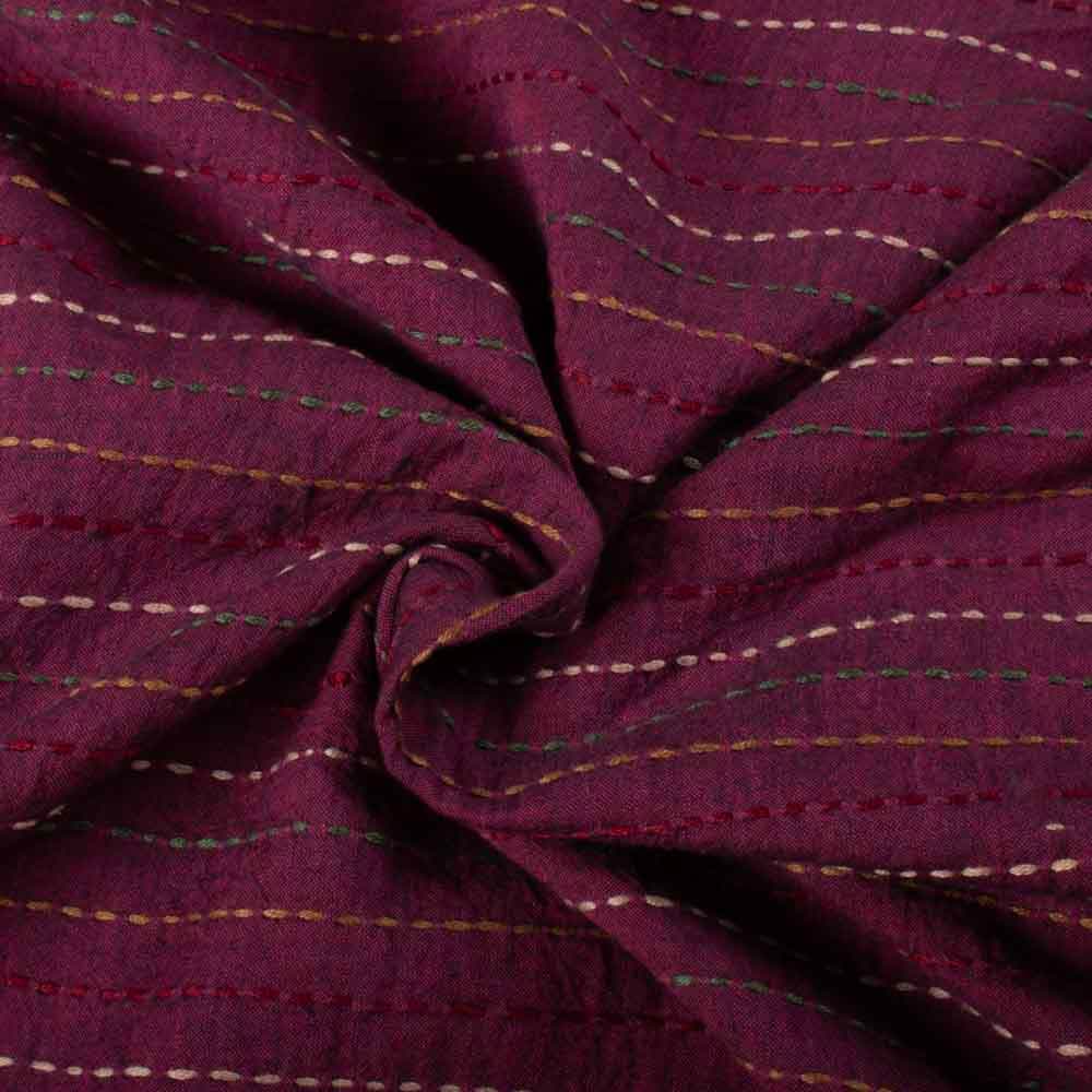 Multi-Color Stripe Maroon Pure Cotton 100 GSM Kantha Fabric