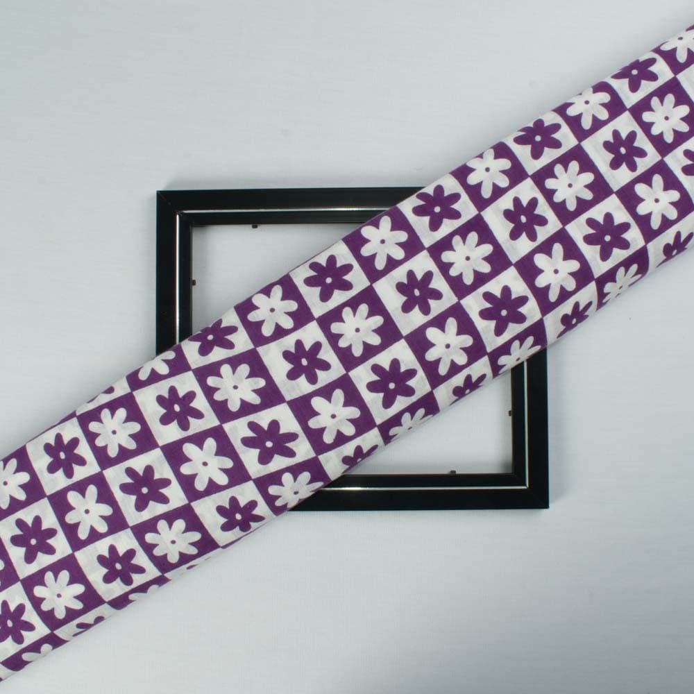 Floral Purple White Screenprinted Pure Khadi 90 GSM Handwoven Fabric