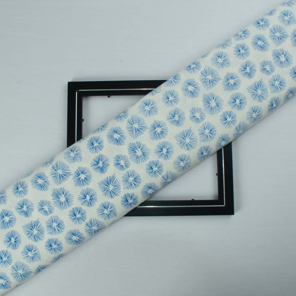 Abstarct Blue Screenprinted Pure Khadi 90 GSM Handwoven Fabric