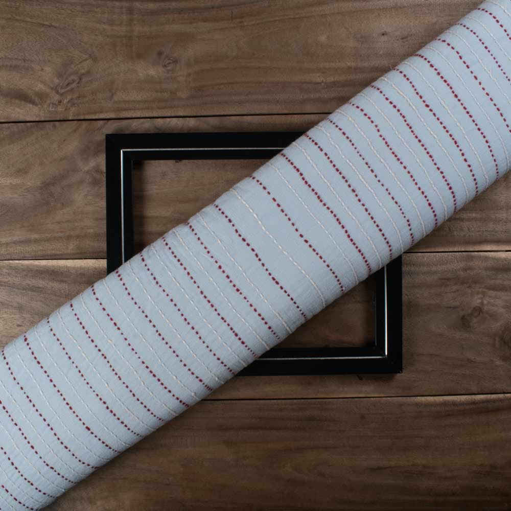 Red & White Parallel Stripe Khadi Cotton 130 GSM Kantha Fabric